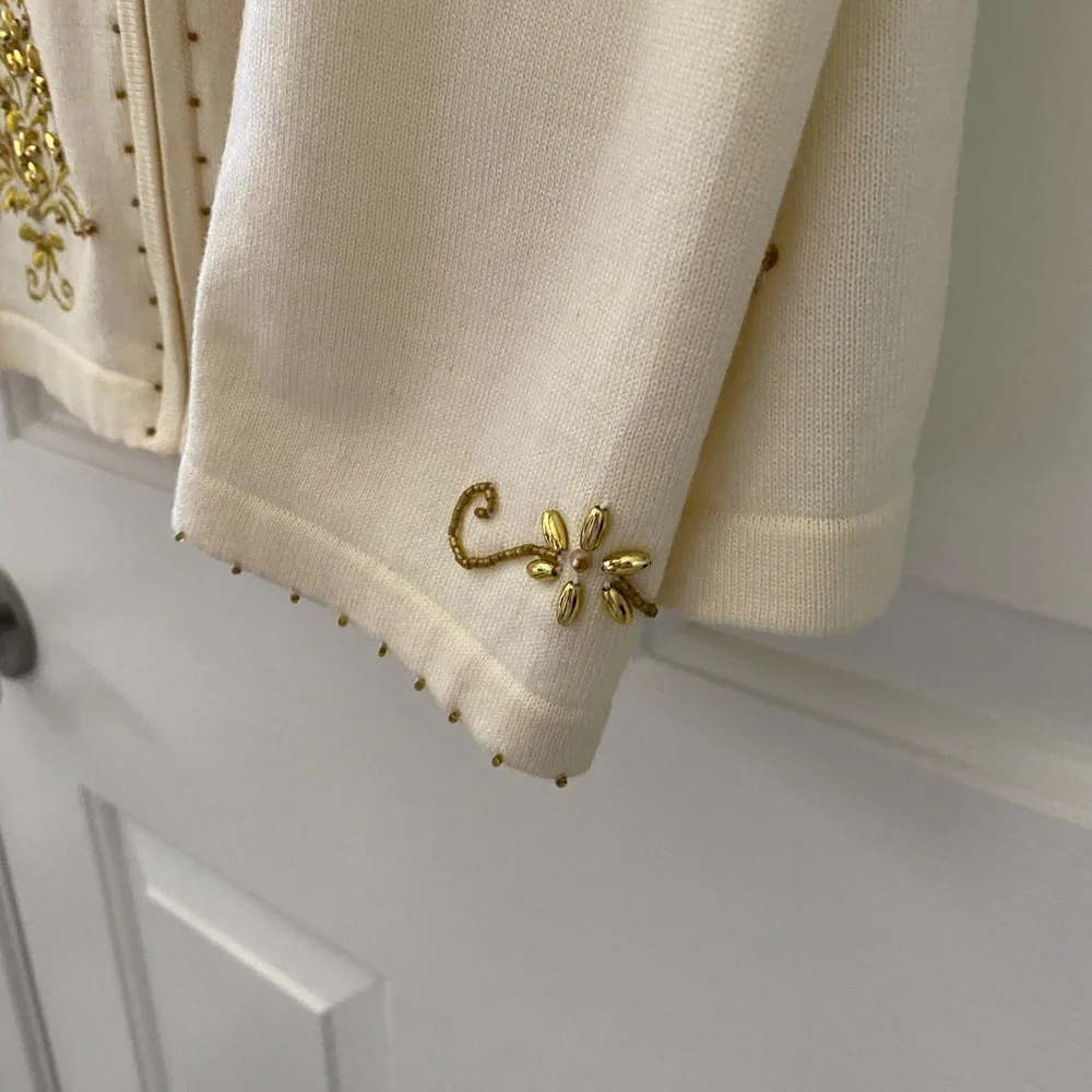 Elegant Cream and Gold Christmas Holiday Women's Sweater with Feather Trim - Picture 7 of 17